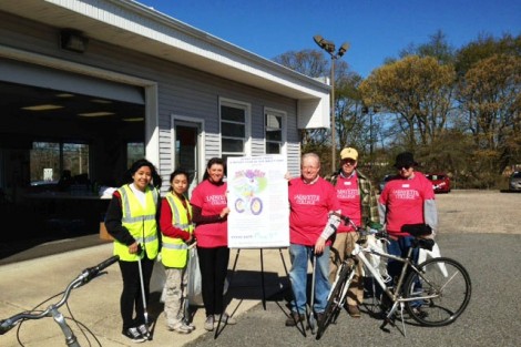 Two Middle Township High School students (l-r) join Francy Burke '80, P'04 '16 and David Burke '79, P'04 '16, and Mid Jersey Cape Rotary Club members Rev. Wayne Conrad and Bob Jenkins in promoting the dual Rotary/Lafayette event which included a bike-a-thon and roadside cleanup to benefit the Middle Township High School and surrounding community.