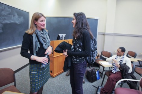 Kristen MacCartney '81 (left) shares advice with Alena Principato '16.