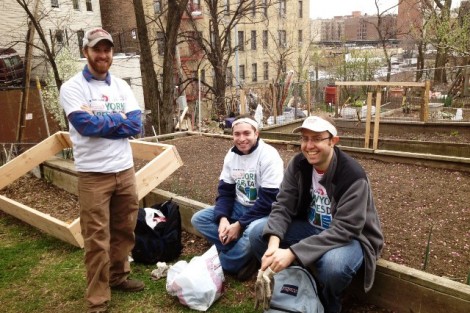 Adam Preller ’08 (l-r), Dane Barkin ’08, and Steve Chapman ’03 helped clean up the Roberto Clemente Community Garden for New York Cares Day.