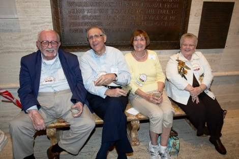 Bob Hess ’55, Forrest Schaffer ’55, Anne Schaffer, and Betty Doederlein, wife of Ralph Doederlein ’55, enjoy the 50-Plus Club Reception in Kirby Hall of Civil Rights.