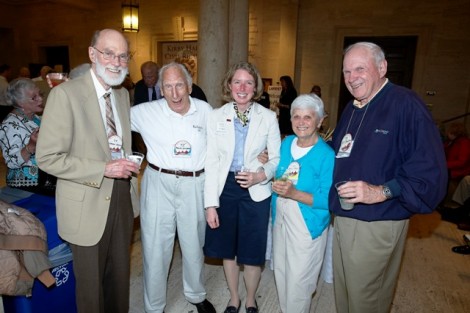 Warren Groves ’48, Harvey Hunerberg ’48, Elizabeth Hertneck Stier, associate director of leadership gifts, Karin Wren, wife of James Wren ’52, and Bill Johnston ’58 have fun at the 50-Plus Club Reception in Kirby Hall of Civil Rights.