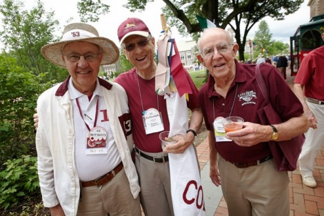 Dave Goehring ’53, Forrest Schaffer ’55, and Edward Elbert ’55 catch up on old times.