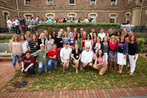 A group photo of members of the Class of 1993 in front of Pardee Hall