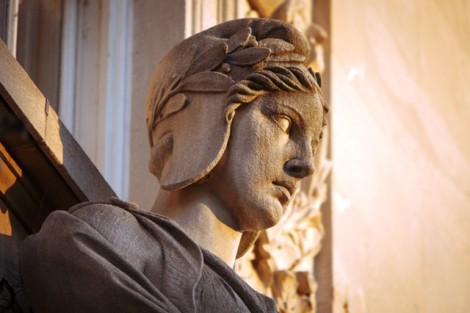 A detail of Kirby Hall of Civil Rights in the setting sun