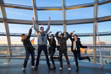 Students have fun atop the Reichstag in Berlin, Germany.