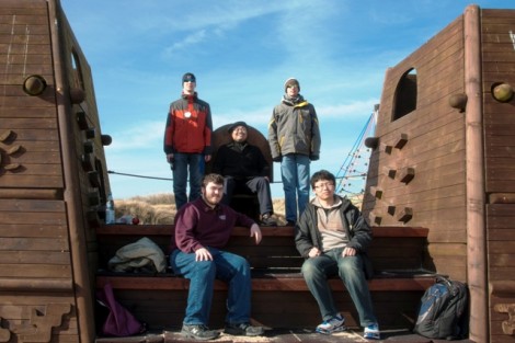From left: Benjamin Richards '14, Stephen Berkin '14, Professor Yih-Choung Yu, associate professor of electrical and computer engineering, Eric Himmelwright '14, and Max Ma '14 in Helgoland, Germany