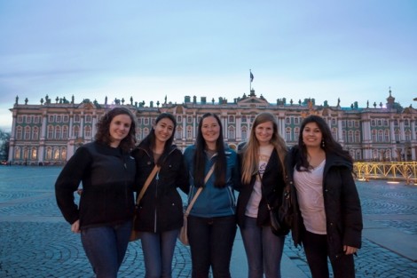 From left: Jackie Blum, Christina Cucinotta '14, Adrienne Atzmiller '14, Becky Rolwood '14, Michelle Echenique '14 at the Winter Palace in St. Petersburg, Russia