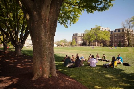A class taught by Robert Blunt, assistant professor of religious studies, meets on the Quad.