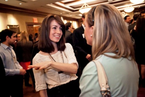 Sarah Mucci ’11 speaks with a student during the annual New York City Networking Night sponsored by Career Services and Alumni Relations. Students made connections with alumni and explored different career fields.