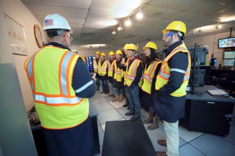 The students stop at the security building to get an overview of the entire plant.