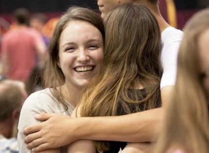 Following the welcome ceremony in Kirby Sports Center, the first-year students say goodbye to their parents before the official start of orientation. 