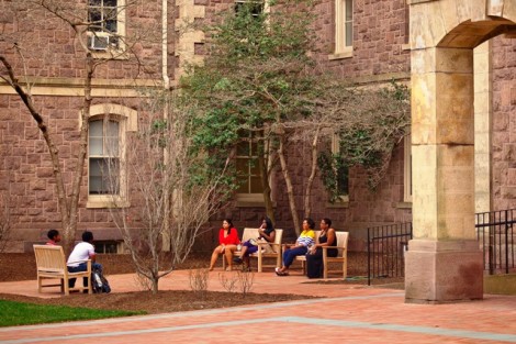 Students relax on the new Conway Plaza.