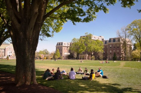Robert Blunt, assistant professor of religious studies, teaches a class on the Quad.