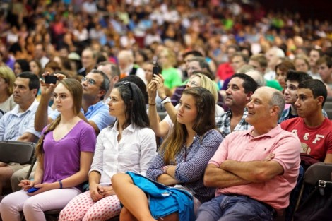Lafayette students and parents gather in Kirby Sports Center for the orientation welcome ceremony.