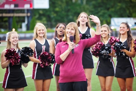 Lafayette President Alison Byerly introduces the Marquis de Lafayette during the football game.