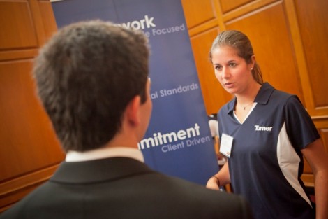 Nicole Barbero ’09 of Turner Construction meets with students.