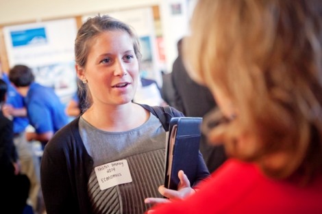 Economics major Kristin Heaney ’14 speaks with prospective employers. 