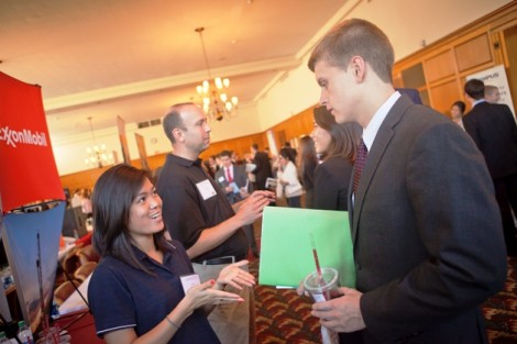 Daisy Chen ’12 of Exxon Mobil meets mechanical engineering major Andrew Kristof ’14.