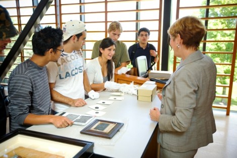Students in a course taught by Diane Ahl, Rothkoph Professor of Art History, explore some of the relics from Lafayette Special Collections.