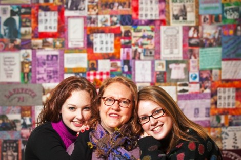 Alexandra Lucy '12, l-r, Liza Lucy ’74, and Elizabeth Lucy ’15 stand in front of the First Women of Lafayette Commemorative Quilt. Liza Lucy, author, textile artist, and member of the first female class, designed the quilt as part of the College’s 40th anniversary of coeducation celebration.
