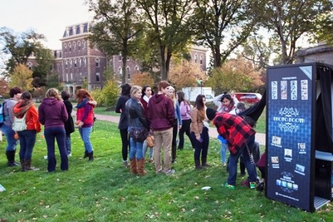 Students wait in line for the photo booth.