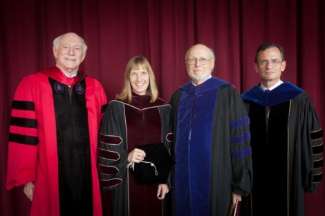 A presidential gathering: Four Lafayette presidents attended the inauguration ceremony- Arthur J. Rothkopf ’55, l-r, Alison Byerly, David Ellis, and Daniel Weiss.