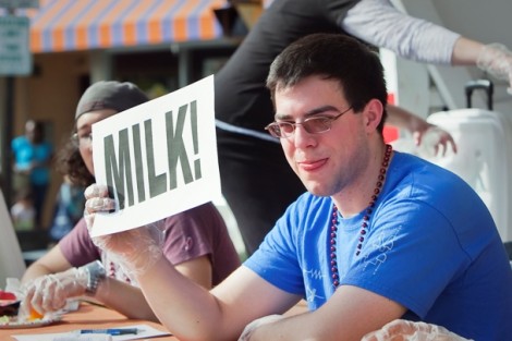 Adam Iscimenler '15 quits the contest by asking for milk.