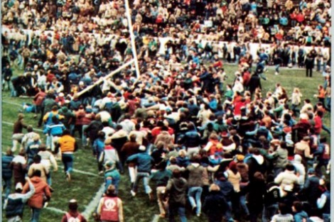 Fans rush the goal posts at the end of 117th Lafayette-Lehigh game in 1982.  