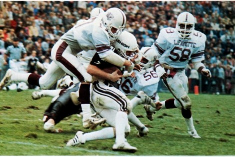 A Lehigh running back is tackled during the 1984 game.  