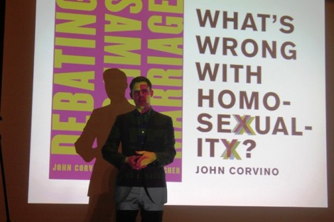 John Corvino, head of philosophy at Wayne State University in Detroit, presents his talk, 'Haters,’ ‘Sinners,’ and the Rest of Us: The Gay Debate Today,' in Colton Chapel. 