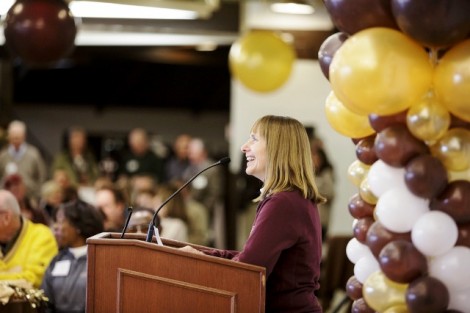 Lafayette President Alison Byerly speaks at a pregame brunch co-hosted by Byerly and Lehigh President  Alice Gast.  Photo by Theo Anderson