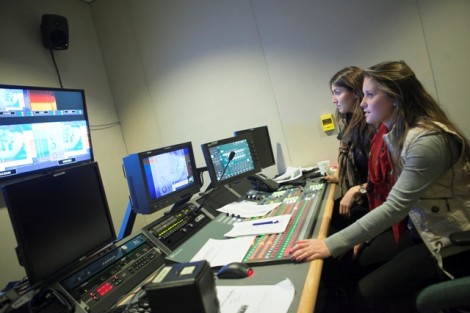 Karissa Ciliento '14, left, and Kristin Heaney ’14 monitor the production from the control room.