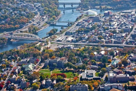 An aerial view of campus and downtown Easton 