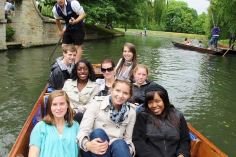 Students float down the River Cam during an interim course studying health care in England.