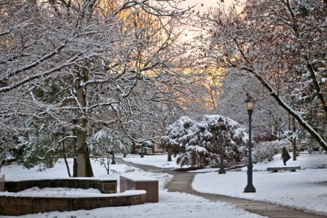 The campus sits in a layer of snow.