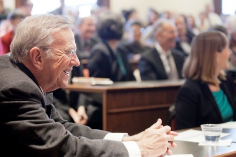 John Hatfield ’67 laughs at a joke told by Lee Upton, professor of English and writer-in-residence.