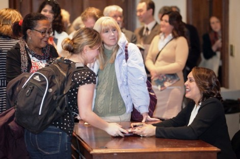 Elizabeth Anderson ’14 gets her book signed by Natasha Trethewey.