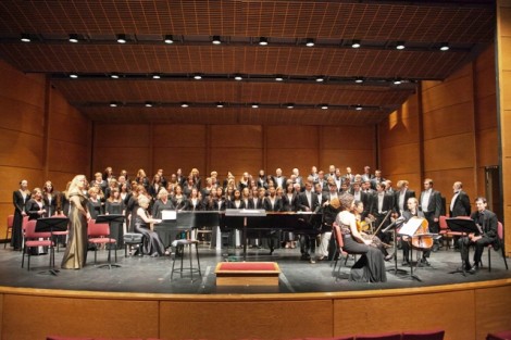 The Lafayette Concert Choir and Chamber Singers on stage with the Concord Chamber Singers, international soloists Andrew Garland and Susanna Eyton-Jones, Grammy award-winning Chiara String Quartet, and concert pianists Molly Morkoski and Holly Roadfeldt
