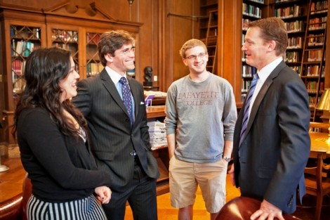 Members of the Lafayette Lens production team, producer Kelly Sposato '14, interviewer Reed Shapiro '14, and cameraman Ed Obrien '16, meet with Kevin Mandia '92.