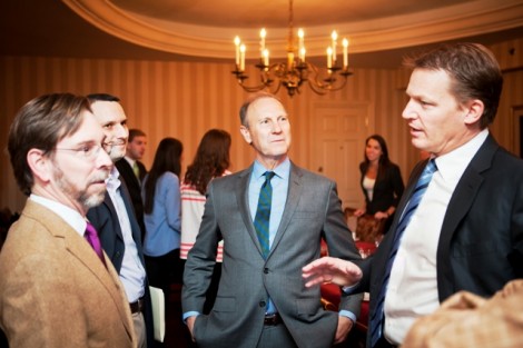 During a dinner reception, Kevin Mandia '92 spoke with students and faculty, including John Meier, professor of mathematics and associate provost, Joshua Smith, assistant professor of mechanical engineering, and Mark Crain, Simon Professor of Political Economy and chair of policy studies.