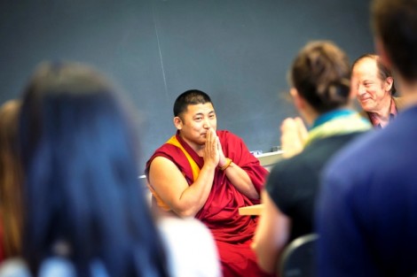 Geshe Jampa speaks with students in the Buddhism course taught by Robin Rinehart, professor of religious studies and chair of Asian studies. 