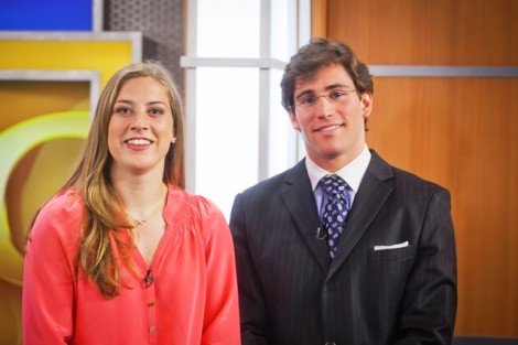 Lafayette Lens co-hosts Maddie Peabody ’15 and Reed Shapiro ’14 prepare for their opening monologue.  