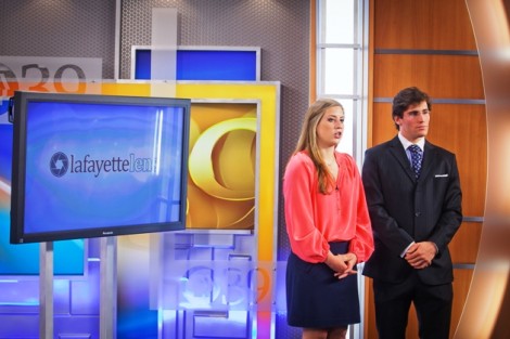 Lafayette Lens co-hosts Maddie Peabody ’15 and Reed Shapiro ’14 speak during the show’s taping.  