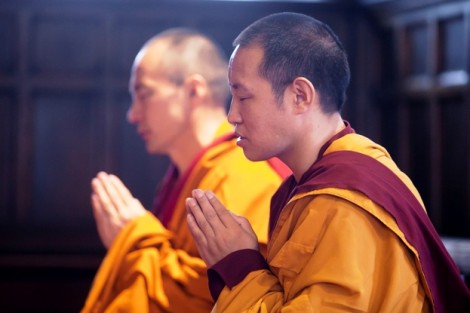 Drepung Gomang monks pray and chant in preparation of building the sand mandala.