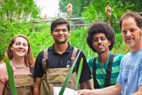 Hannah Griesbach ’13, Hassaan Khan ’13, Leikune Aragaw ’15, and Professor David Brandes collected water samples and computer data at Sullivan Park to evaluate back in the engineering lab. Brandes’ students regularly monitor and maintain the site.