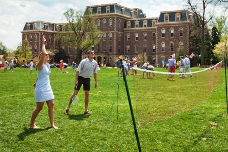 Alex McKay ’17 and Patrick Davis ’17 hit the shuttlecock during a game of badminton.