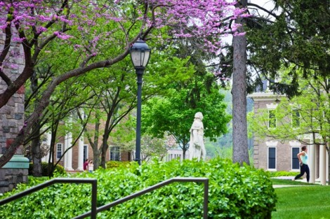 The statue of the Marquis de Lafayette behind Hogg Hall