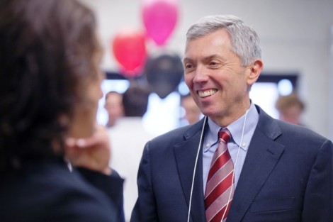 Stephen Pryor '71, vice president of the Board of Trustees, mingles at the ceremony.