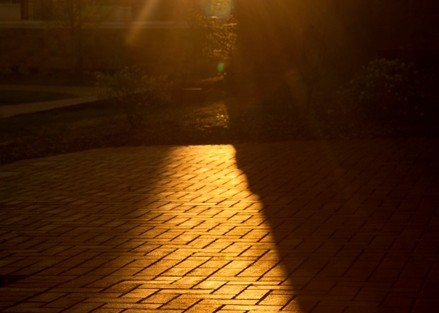 The sun rises over the brick pathways on the Quad.