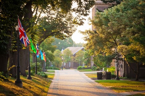 International flags line the Quad walkway by Pardee Hall.